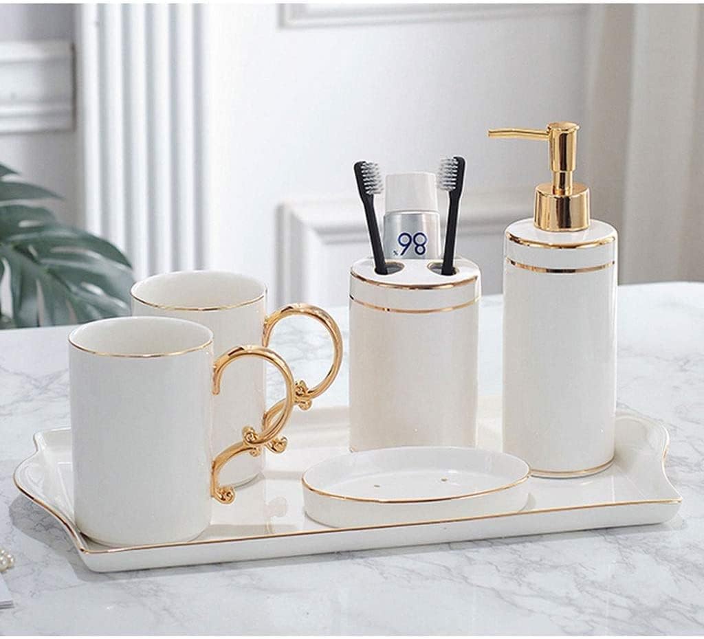 Vanity Bathroom Decor, Ceramic Bathroom Accessories Set Lotion Soap Dispenser Toothbrush Holder Cup Soap Dish Housewarming Gift(6pcs(White Handle))
