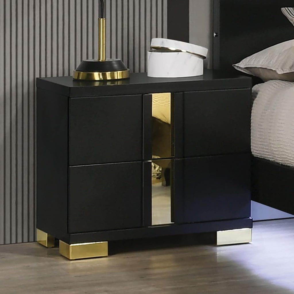 Black 3pc Bedroom Set King Size Bed w LED 2X Nightstands Mattress Ready Furniture Acrylic Trim