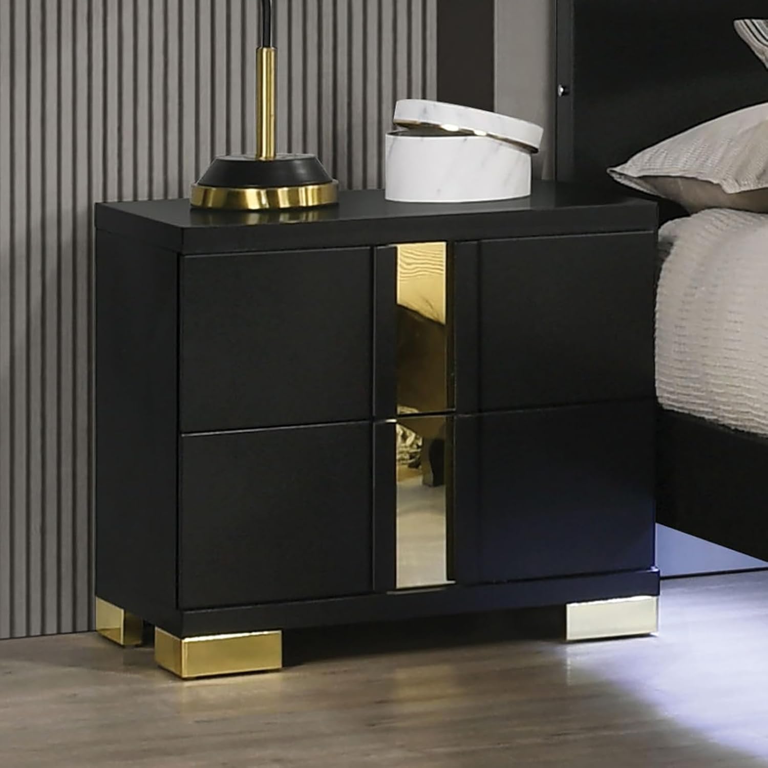 Black 3pc Bedroom Set King Size Bed w LED 2X Nightstands Mattress Ready Furniture Acrylic Trim