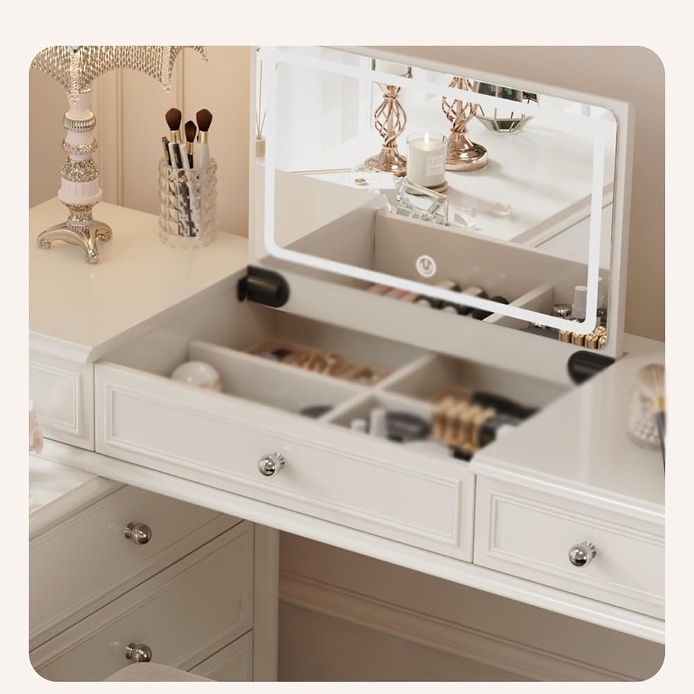 Makeup Dressing Table Solid Wood Vanity Dresser with Creamy New Makeup Table Corner Design for High-End Bedroom Décor Dressing Desk