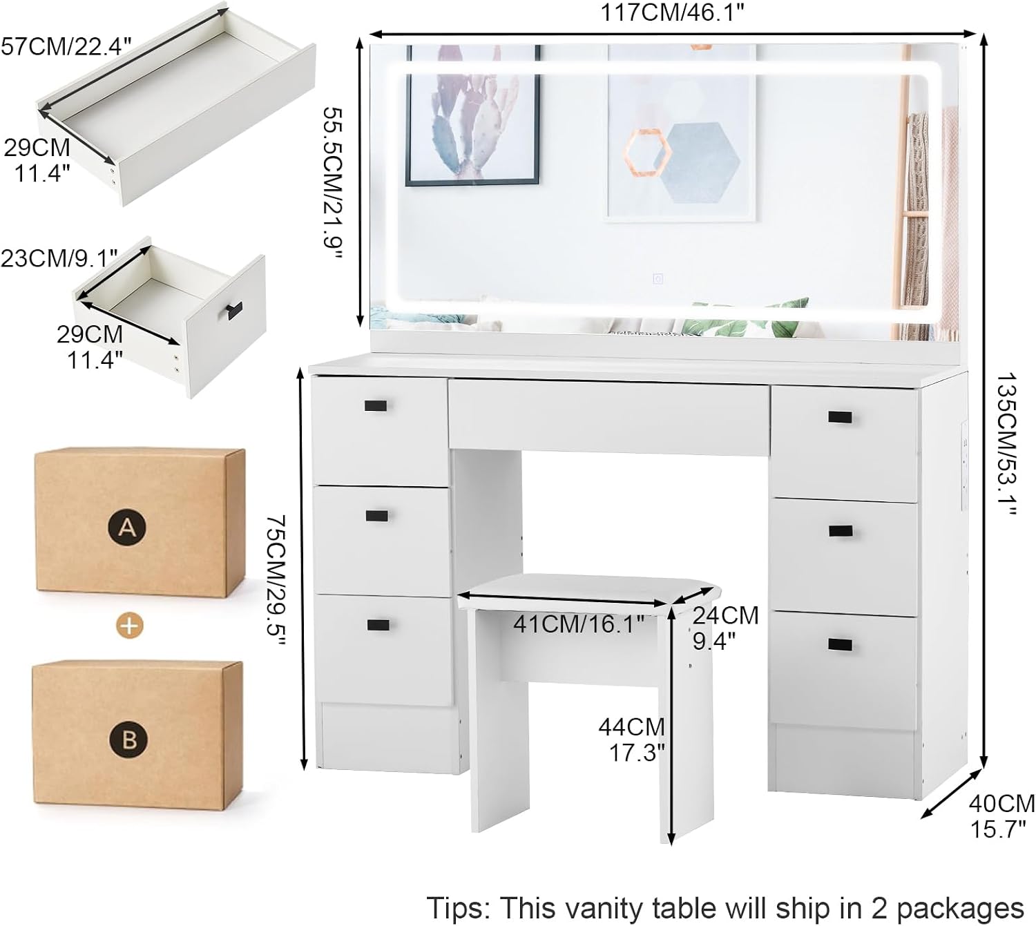 CLIPOP Makeup Vanity Desk with Large Lighted Mirror, Makeup Table with 7 Drawers, Power Outlet, Touch Control 3 Color Modes & Adjustable Brightness LED Strip, Cushioned Stool | Bedroom Dressing Table