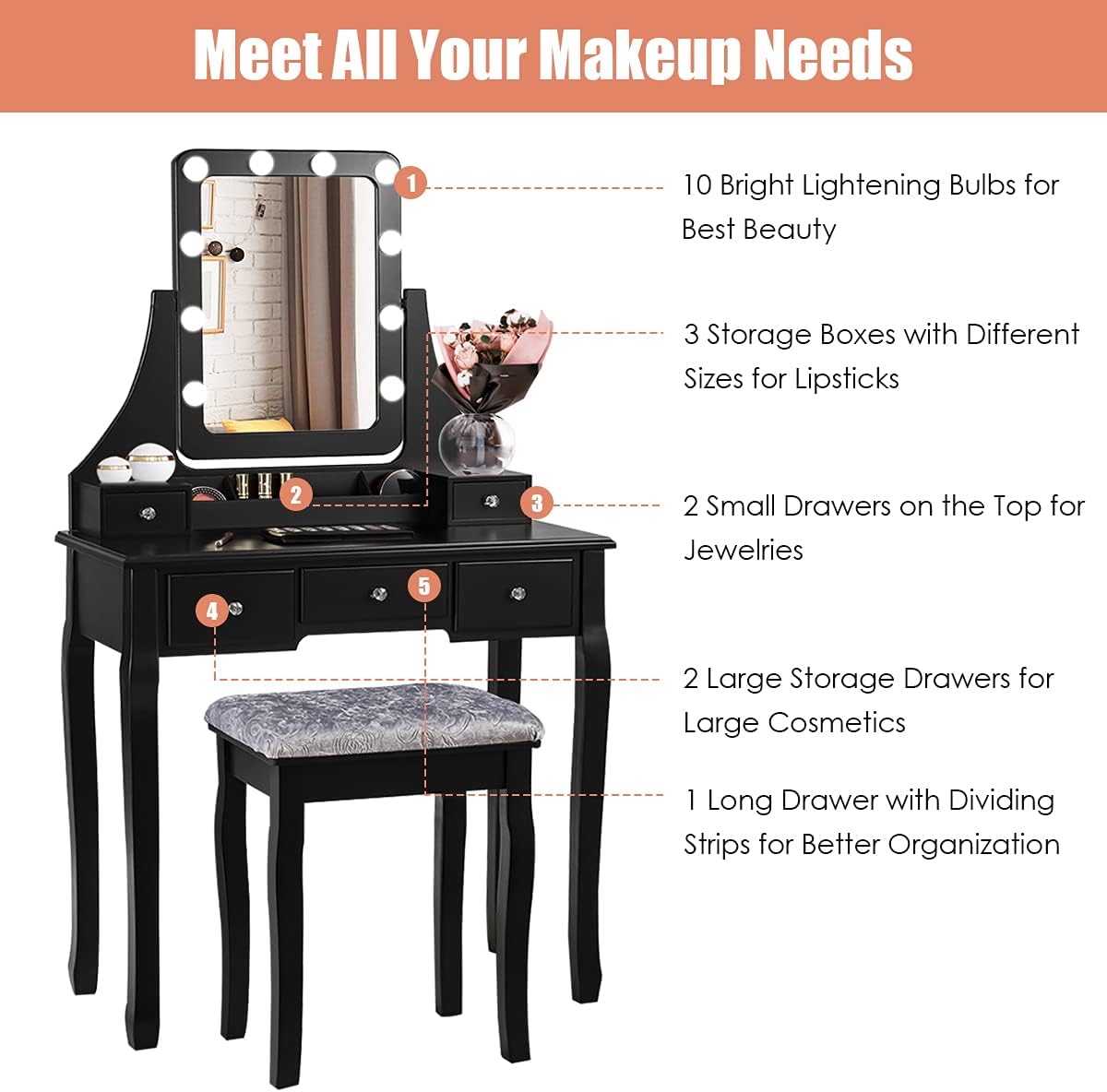 COSTWAY Vanity Desk Set with Lighted Mirror, 360° Swivel Vanity Mirror Desk with 10 LED Bulbs, Makeup Dressing Table with 5 Drawers, Vanity Table with Cushioned Stool for Bedroom, Women, Girls (Black)