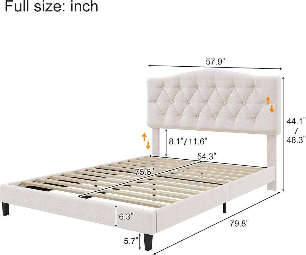 King Size Bed Frame, Upholstered Platform Bed with Diamond Tufted Headboard, Sturdy Slat Support Mattress Foundation, No Box Spring Needed, Modern Bedroom Furniture (King)
