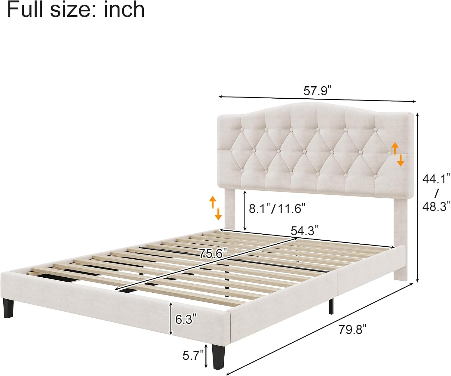 King Size Bed Frame, Upholstered Platform Bed with Diamond Tufted Headboard, Sturdy Slat Support Mattress Foundation, No Box Spring Needed, Modern Bedroom Furniture (King)