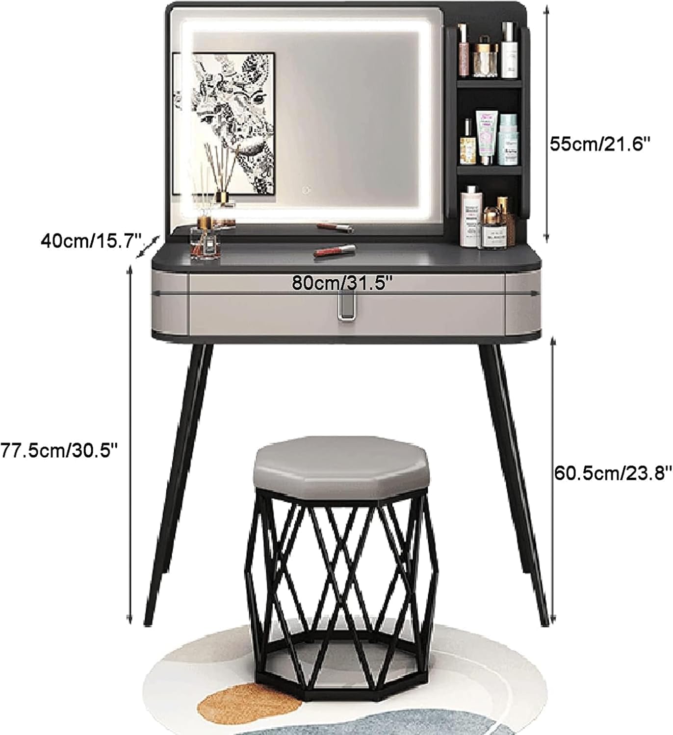 Rieort Vanity Desk MDF Vanity Table Set with Flip Top Lighted Mirror Makeup Table Cushioned Stool Home Nightstand Vanity Benches
