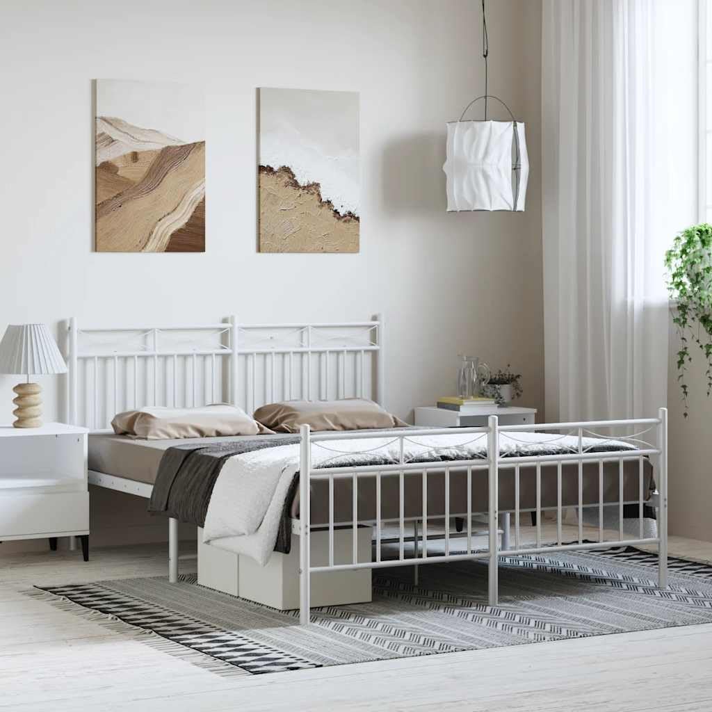 King Size Bed Frame Metal Platform Bed White Powder-Coated Steel Frame with Headboard and Footboard for Bedroom Furniture