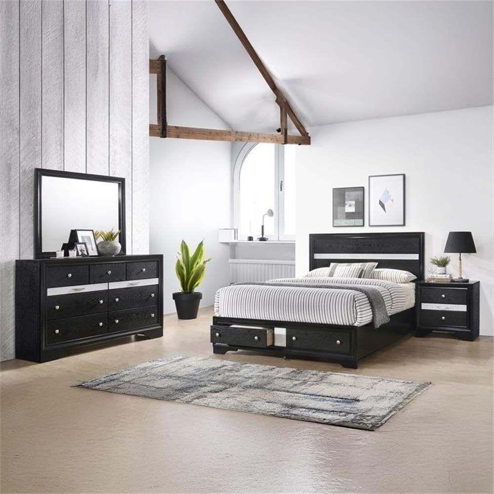 Matrix Traditional Style King 4 PC Storage Bedroom Set in Black Made with Wood