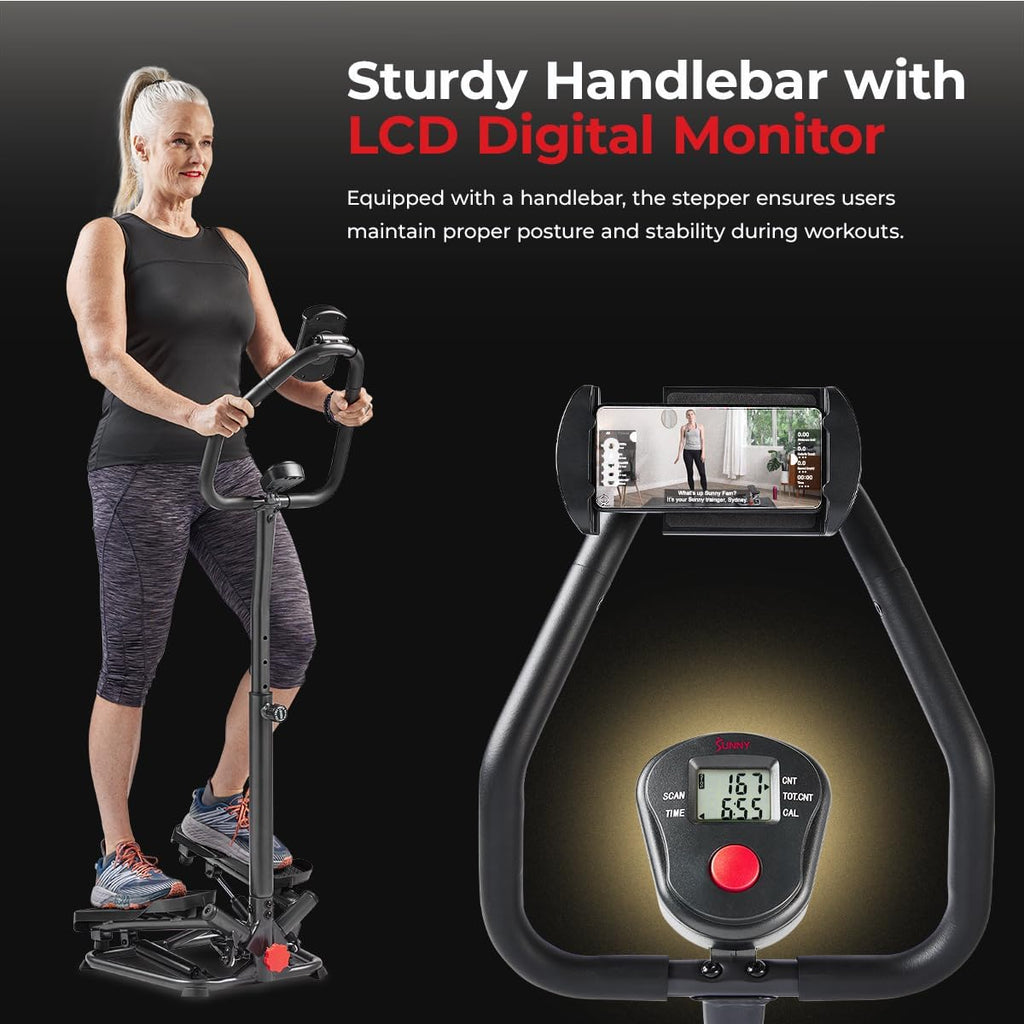 Sunny Health & Fitness Smart Stair Stepper Machine for Home Workouts with Handlebar, Resistance Bands, Bluetooth & SunnyFit App, Space-Saving Low-Impact Cardio Stepper