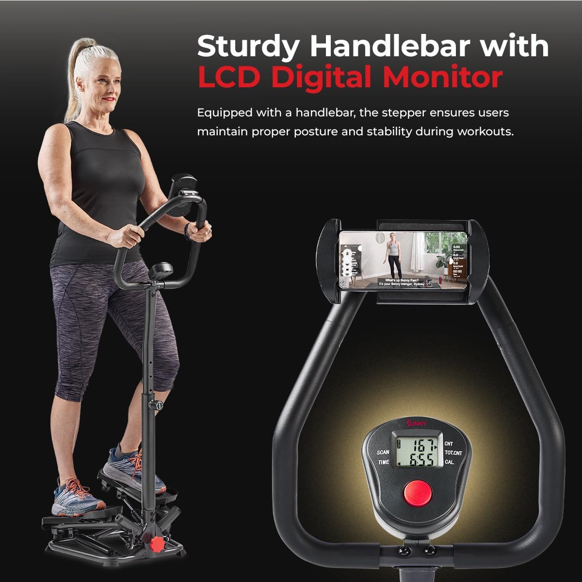 Sunny Health & Fitness Smart Stair Stepper Machine for Home Workouts with Handlebar, Resistance Bands, Bluetooth & SunnyFit App, Space-Saving Low-Impact Cardio Stepper