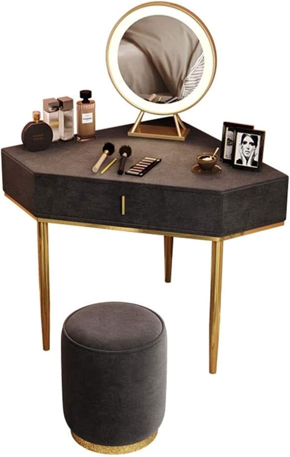 Vanity Benches Corner Dressing Table Gray Dressing Table with Mirrors and Drawers Vanity Table, Solid Wood Triangle Makeup Table for Bedroom Girls Dressing Table Suitable for Home, Room