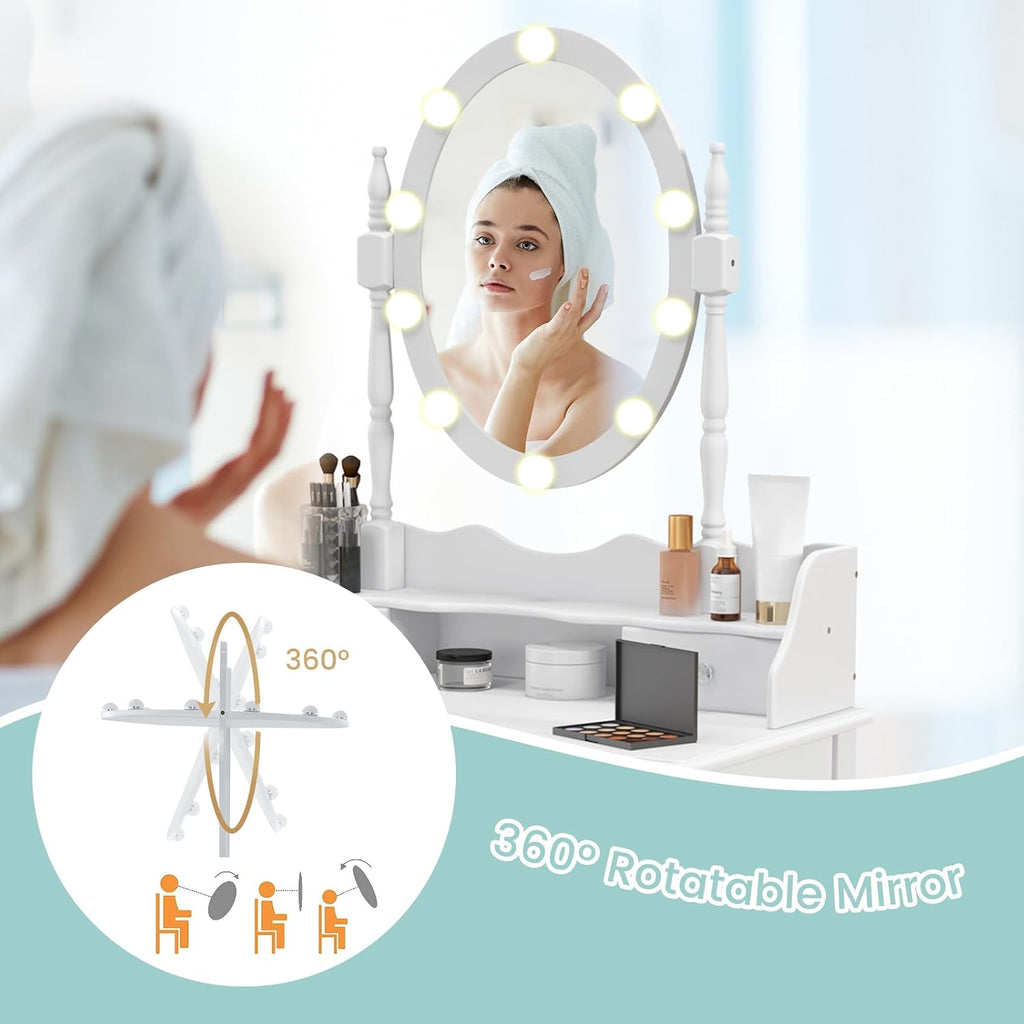 GOFLAME Vanity Table Set with Rotatable Mirror, Makeup Vanity Desk with 3-Color Dimmable LED Lights, 3 Drawers and Cushioned Stool, Dressing Table Set for Bedroom Studio (White)