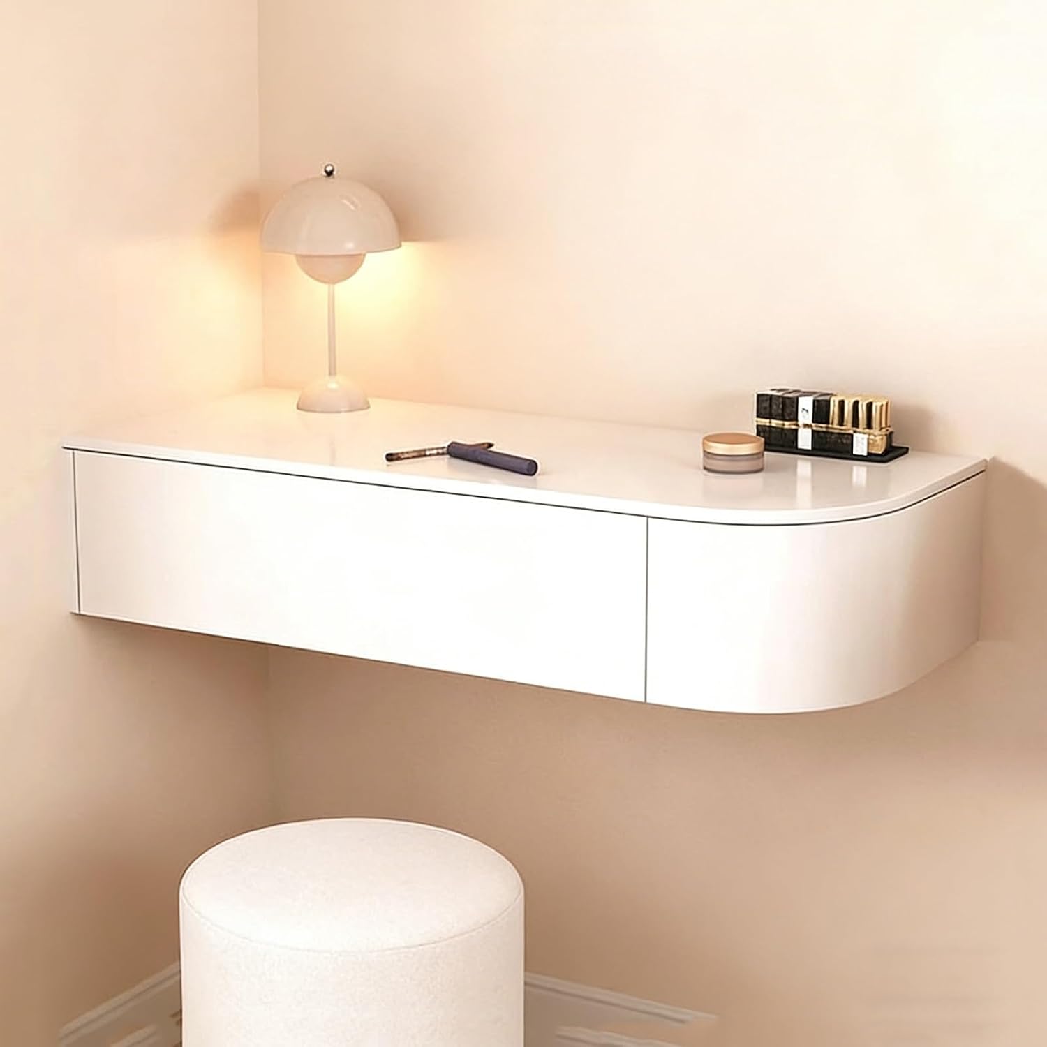 Floating Wall-Mounted Vanity Desk, White Corner Makeup Vanity with Storage, Fully Assembled Space-Saving Dressing Table for Bedroom, Versatile as Desk or Nightstand(Left-Mount)