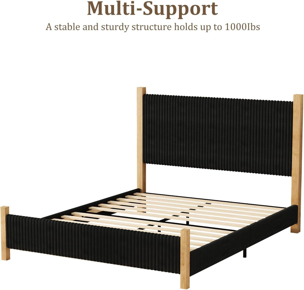 HOMBCK King Size Bed Frame with Headboard, Corduroy Upholstered King Bed Frame Wood, No Box Spring Needed, 4 Solid Wood Support, Noise-Free, Easy Assembly, Black