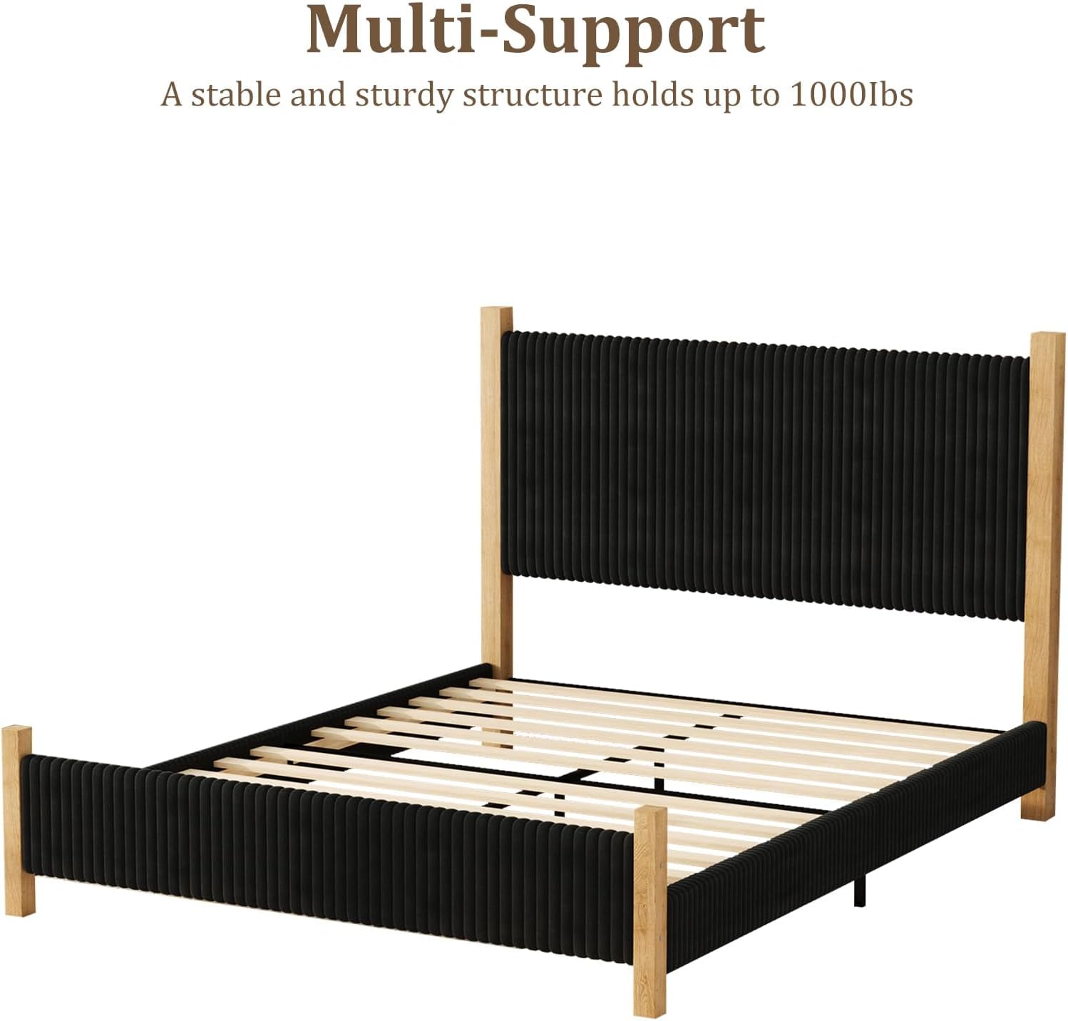 HOMBCK King Size Bed Frame with Headboard, Corduroy Upholstered King Bed Frame Wood, No Box Spring Needed, 4 Solid Wood Support, Noise-Free, Easy Assembly, Black