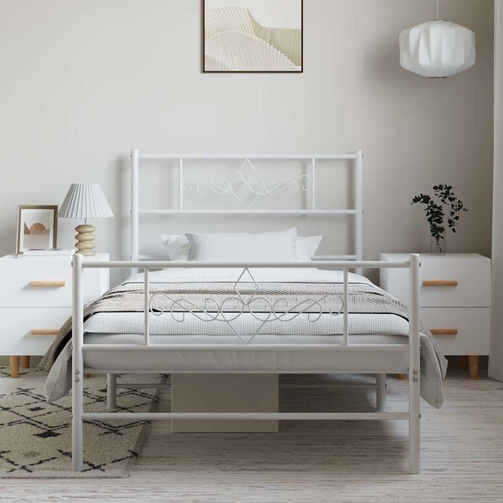 Metal Bed Frame with Footboard White Queen Size Platform Bed Frame 39.4'x78.7' Steel Construction Sturdy Bedframe with Storage Space for Bedroom Furniture