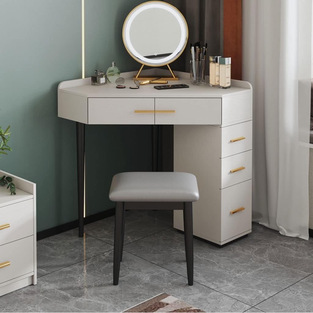 Dressing Table Home Bedroom Small Unit Vanity Desk Right Angle Dresser Corner Dresser with Stool, LED Mirror, Multiple Drawers Dressing Table with Mirror