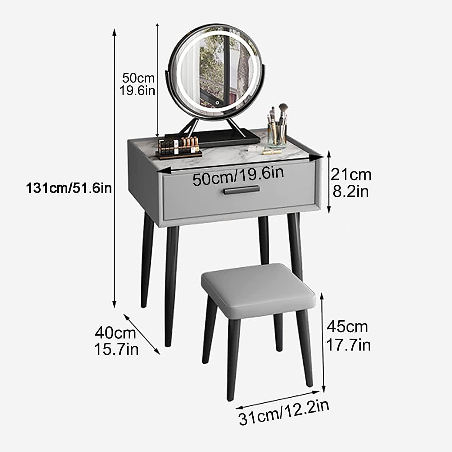 Rieort Makeup Table Cushioned Stool Vanity Benches with Led Lighted Mirror Dressing Table Large Drawers Nightstand Vanity Table Set