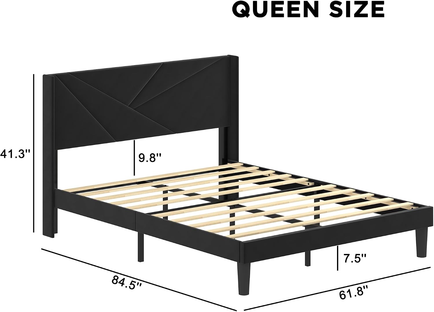 Queen Size Bed Frame with Upholstered Wingback Headboard, Easy Assemnly Platform Bed and Heavy Duty Wooden Slats Support, Noise-Free, No Box Spring Needed (Black, Queen)