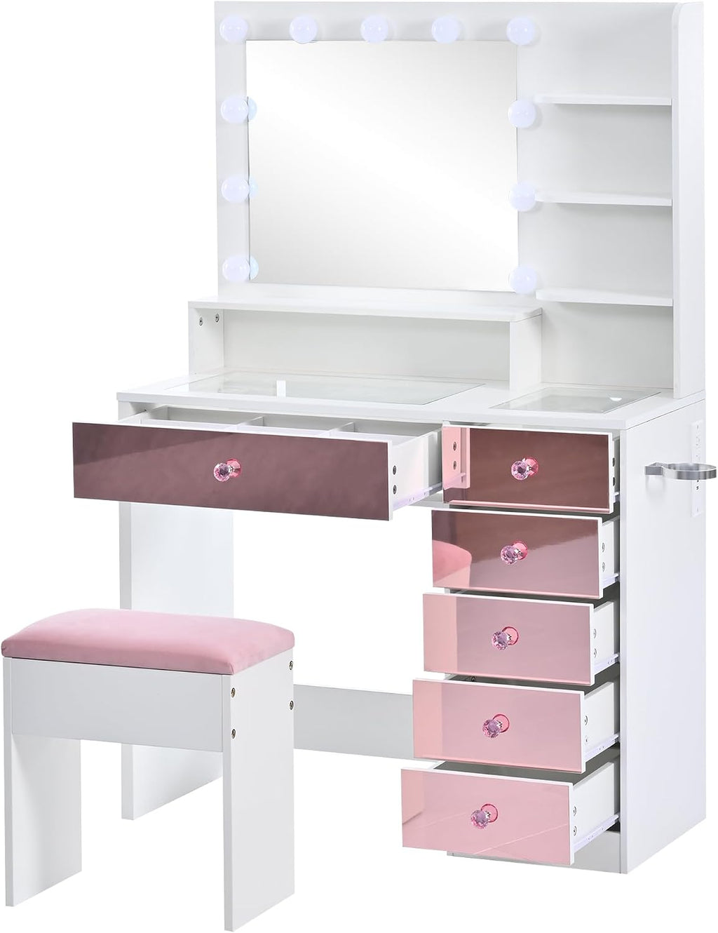 Merax 37' Pink Vanity Desk with Mirror and Lights and Storage Stool, Modern Dressing Table Set with 6 Pink Finish Drawers and Visual Glass Top and Charge Station for Bedroom or Dressing Room