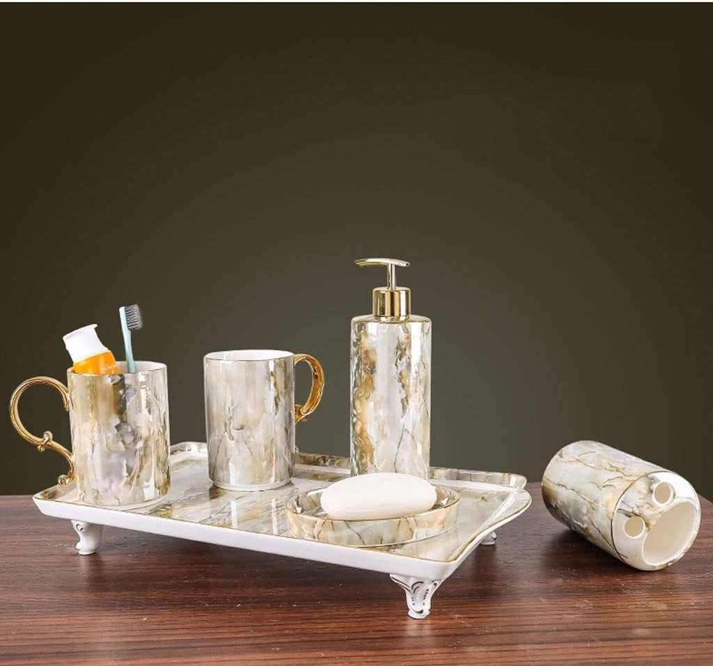Vanity Bathroom Decor, Bathroom Accessories Set，Ceramic Soap Dispenser Refillable Lotion Liquid Soap Pump Housewarming Gift(A,5Pieces+Tray)