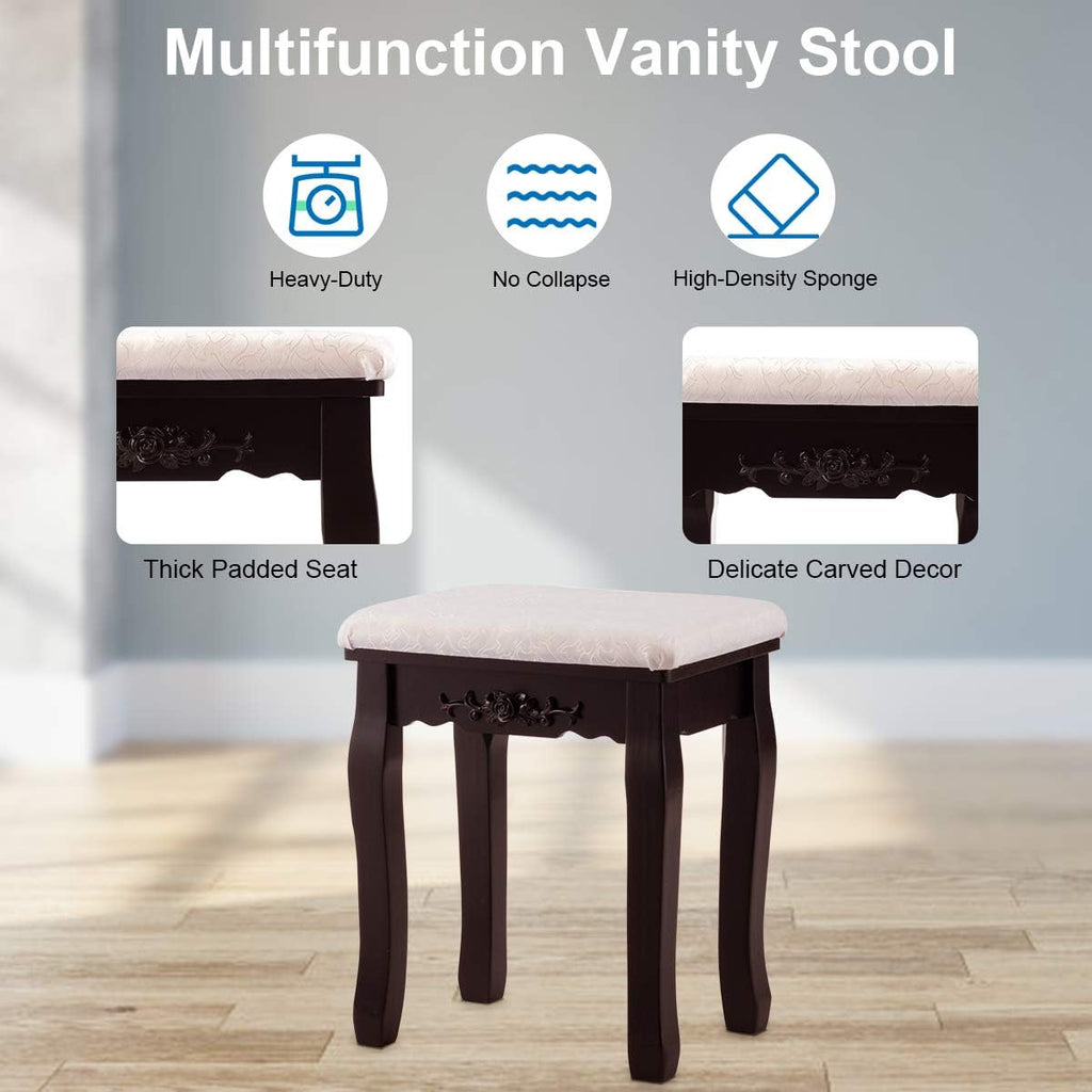 DORTALA Vanity Table Set, Makeup Dressing Table with 10 Dimmable Bulbs Lighted Mirror & 4 Drawers, Cushioned Stool, Solid Wood Leg, Classic Dressing Table Set for Home, Salon, Brown