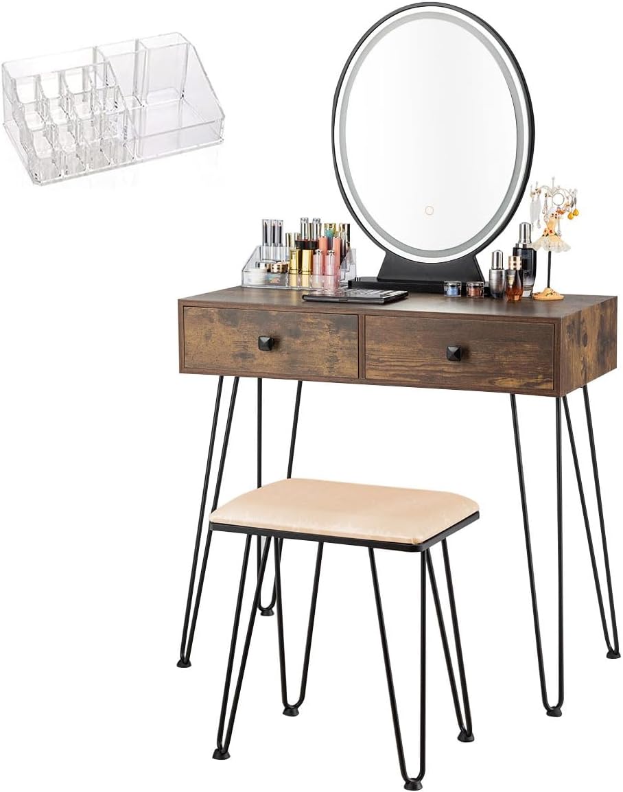 Byroce Vanity Desk with Lighted Mirror, 3 Color Lighting Modes, Adjustable Brightness, 2 Large Drawers & Acrylic Storage Box, Makeup Vanity Table with Cushioned Stool for Bedroom (Rustic Brown)