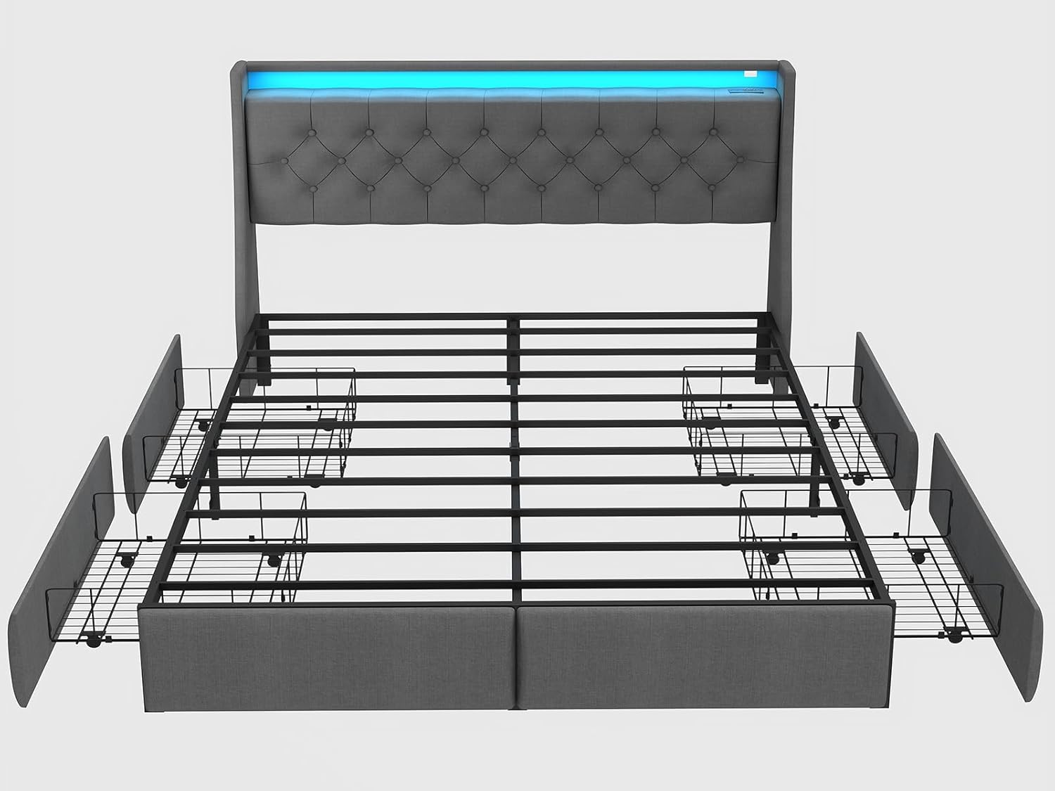 SADENICEL Queen Bed Frame with Storage Headboard and 4 Drawer, Metal Platform Bed Frame Queen Size with LED Light, Charging Station, No Box Spring Needed, Noise Free, Easy Assembly, Grey