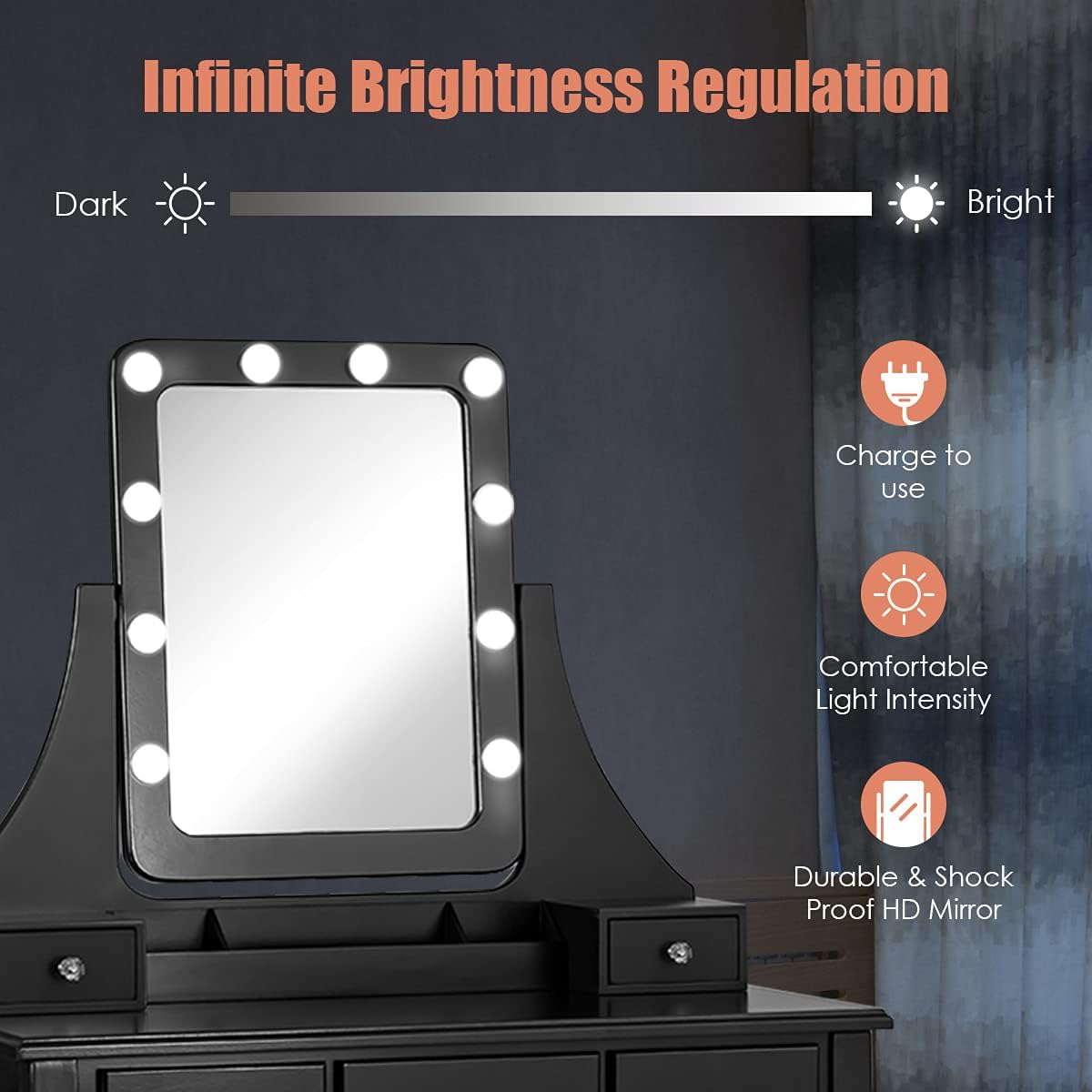 COSTWAY Vanity Desk Set with Lighted Mirror, 360° Swivel Vanity Mirror Desk with 10 LED Bulbs, Makeup Dressing Table with 5 Drawers, Vanity Table with Cushioned Stool for Bedroom, Women, Girls (Black)