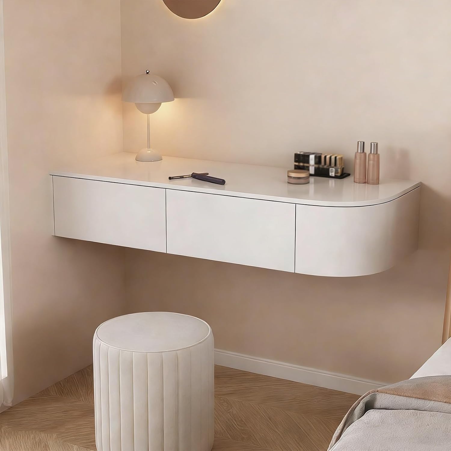 Floating Vanity Makeup Desk with 2 Drawers, Modern White Corner Suspended Table, Wood Wall Mounted Desk Nightstand for Bedroom Living Room(Left,140cm)