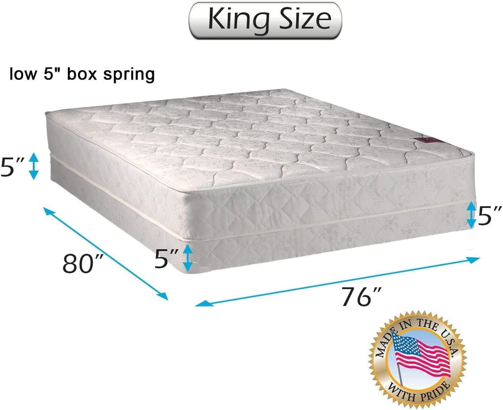 Dream Solutions USA DS Solutions USA Legacy Non Flip Single-Sided King Size Mattress and Low 5' Height Box Spring Set with Metal Bed Frame - Orthopedic Type, Good for Your Back, Longlasting Comfort