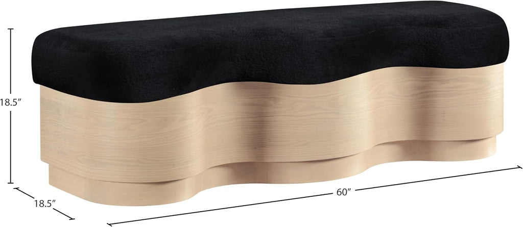 Meridian Furniture 22080Black Savoy Collection Art Deco Bench with Soft Black Velour Fur Fabric, Rich Natural Finish, Mix of Solid Wood & MDF, 60' W x 18.5' D x 18.5' H, Black
