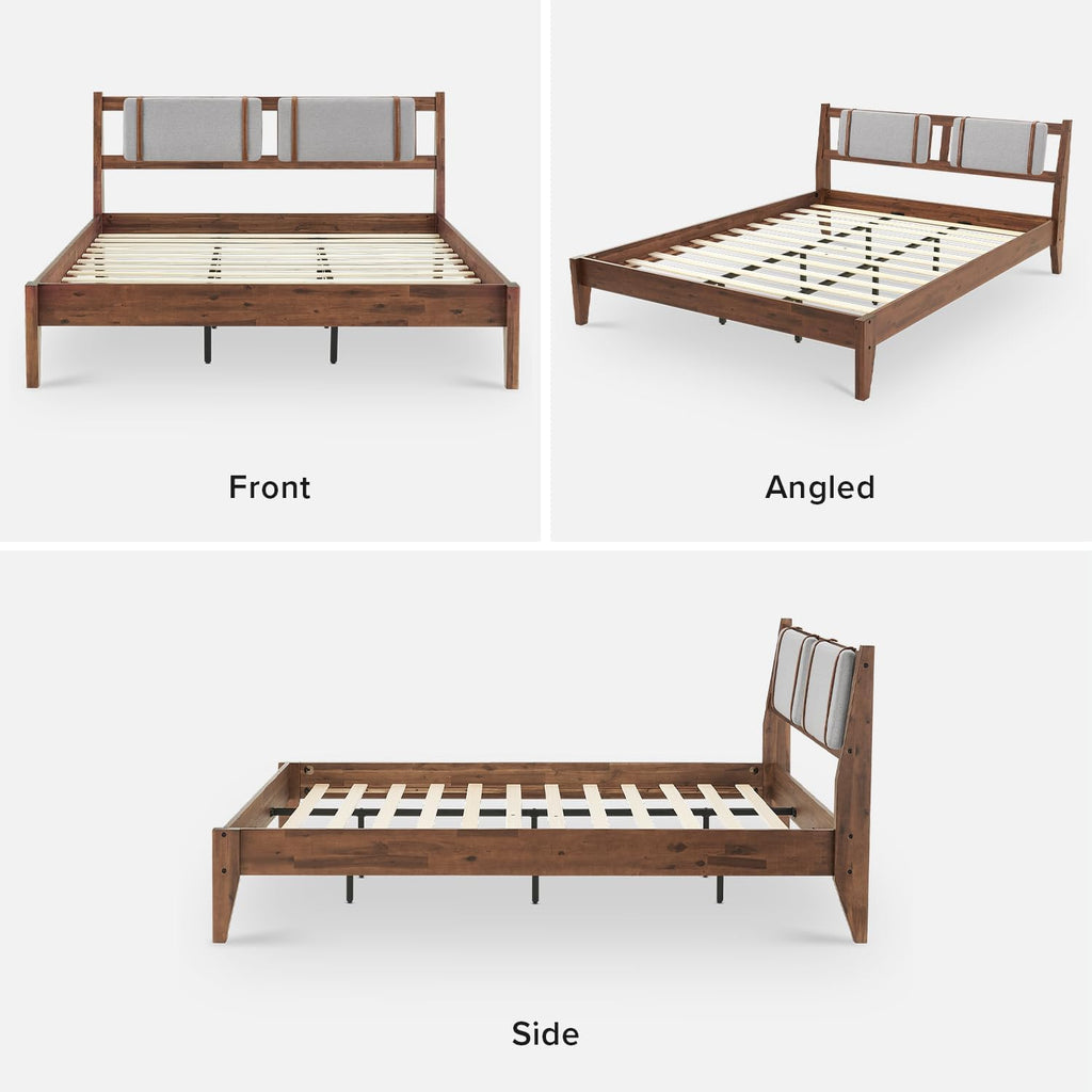 mopio Ted Bed Frame with Headboard, Mid Century Modern Acacia Solid Wood Platform Bed Frame, Wooden Slats, No Box Spring, Double Metal Bar Support (Solid Wood Upholstered, King (U.S. Standard))