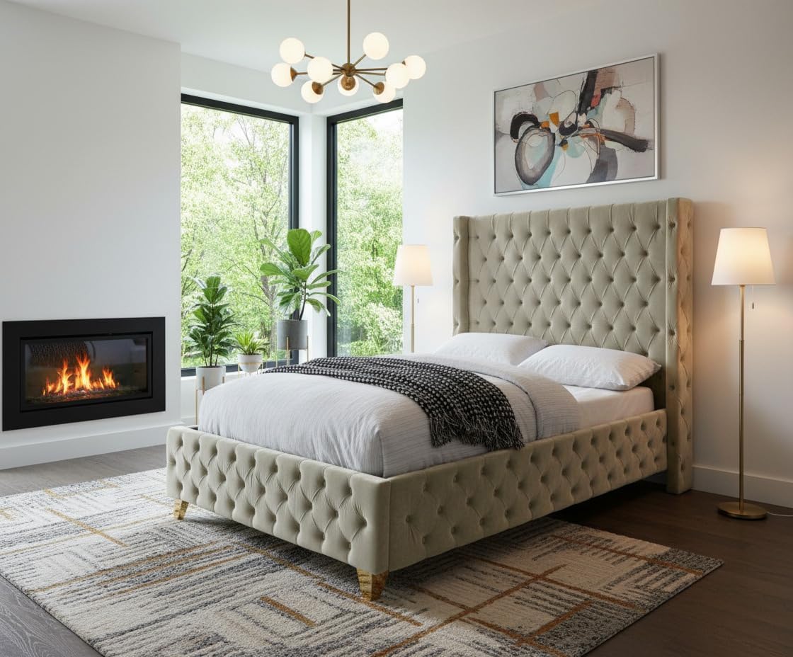 Meridian Furniture SavanCream-T Savan Collection Modern | Contemporary Velvet Upholstered Bed with Deep Button Tufting in Gold or Chrome Finish, 50' W x 81' D x 56' H, Cream, Twin