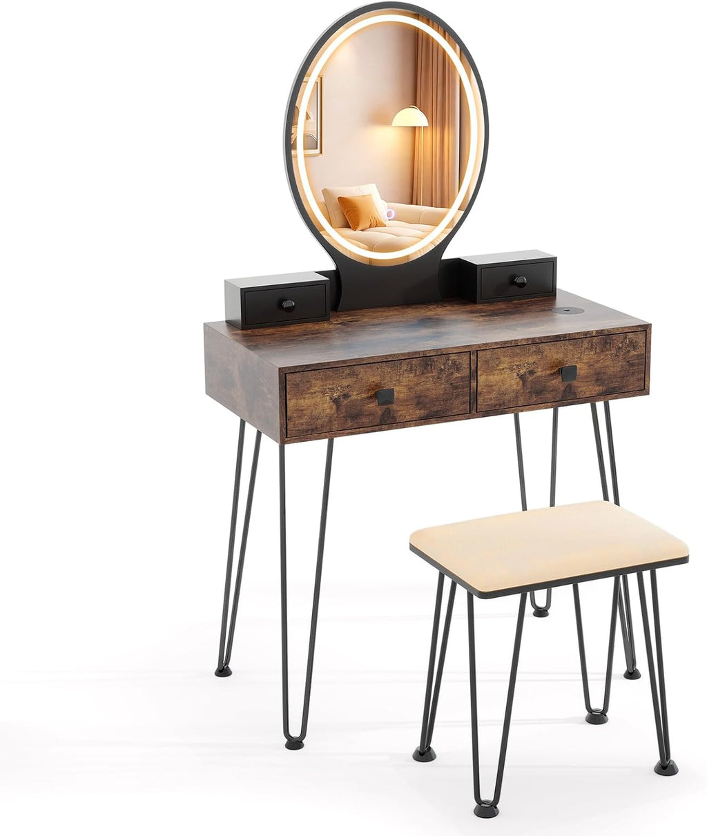 CHARMAID Vanity Desk with Mirror and Lights, Makeup Vanity Table with 4 Drawers, Charging Station, 3-Color Lighted Mirror, Retro Style Dressing Table with Stool for Small Bedroom (Rustic Brown)