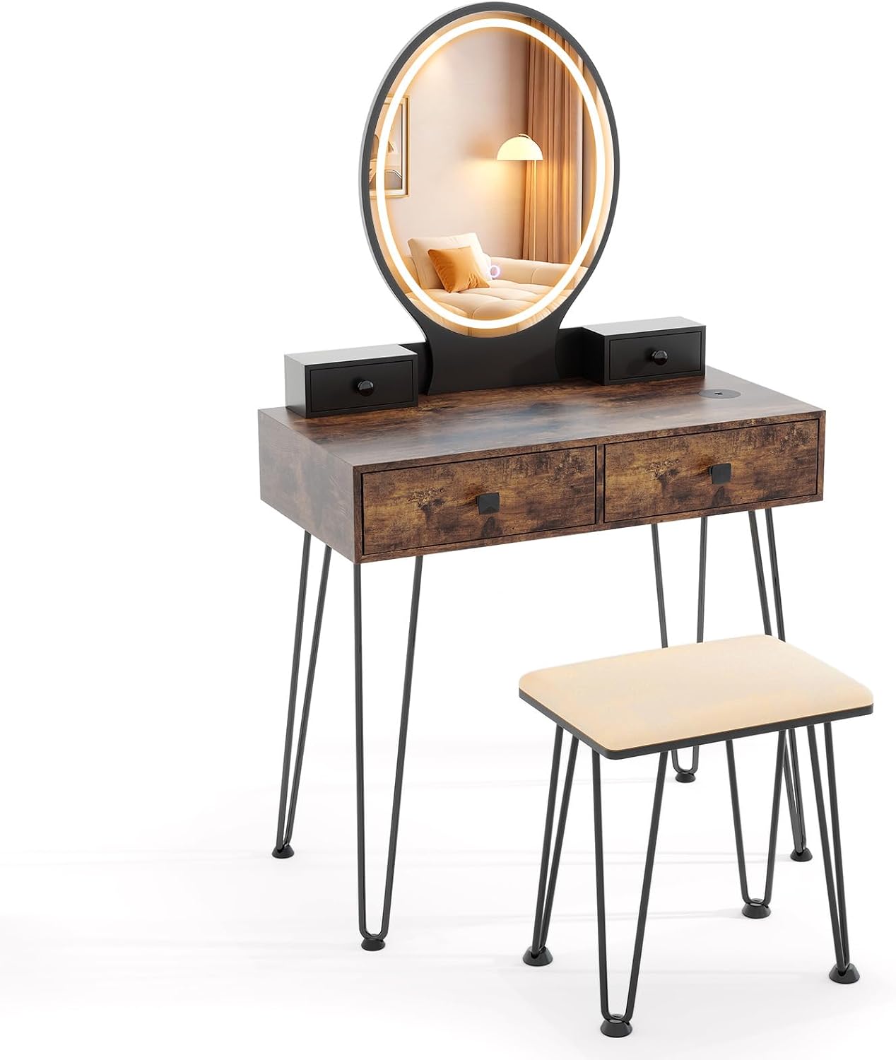 COSTWAY Vanity Desk Set with Mirror and Lights, Vanity Mirror with 3 Color Lighting Modes & Adjustable Brightness, Makeup Dressing Table with Cushioned Stool for Women Girls (Natural & Black)