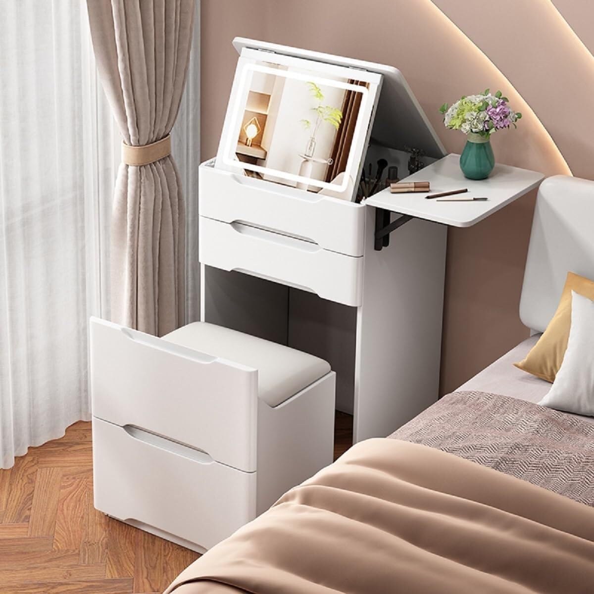 3-in-1 Corner Makeup Vanity Desk with Mirror White Dressing Table with 3 Drawers & Hidden Stool Multifunctional Vanity Set Solid Construction