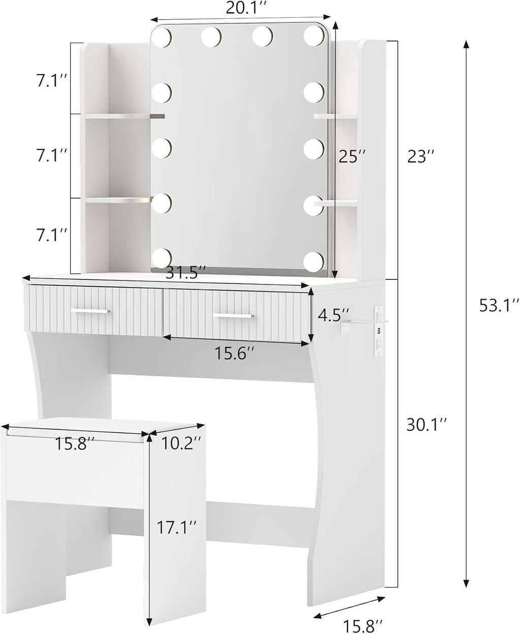Small Vanity Desk with Mirror and Lights, Makeup Vanity Desk with 3 Color Modes Adjustable Bulb, 2 Large Drawers and 4 Open Storage Shelves, White Vanity with Charging Station for Bedroom