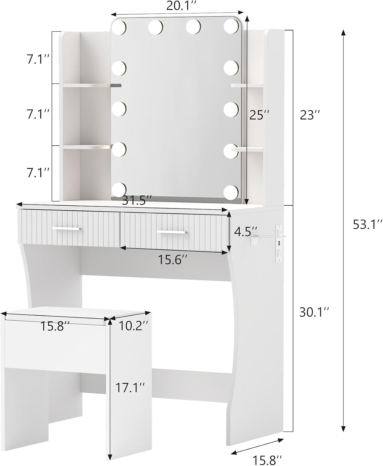 Small Vanity Desk with Mirror and Lights, Makeup Vanity Desk with 3 Color Modes Adjustable Bulb, 2 Large Drawers and 4 Open Storage Shelves, White Vanity with Charging Station for Bedroom