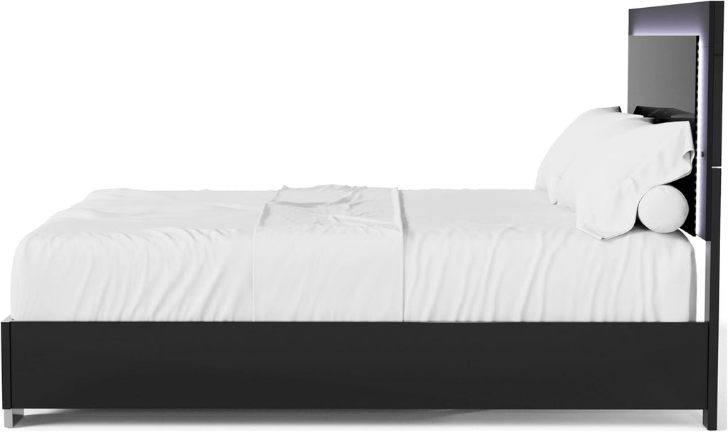 Furniture of America Alistair Modern Wood 2-Piece Bedroom Set with LED on Headboard Bed, Ball-Bearing Glides, Vertical Chrome Handles on Nightstand, Box Spring Required, King, Black