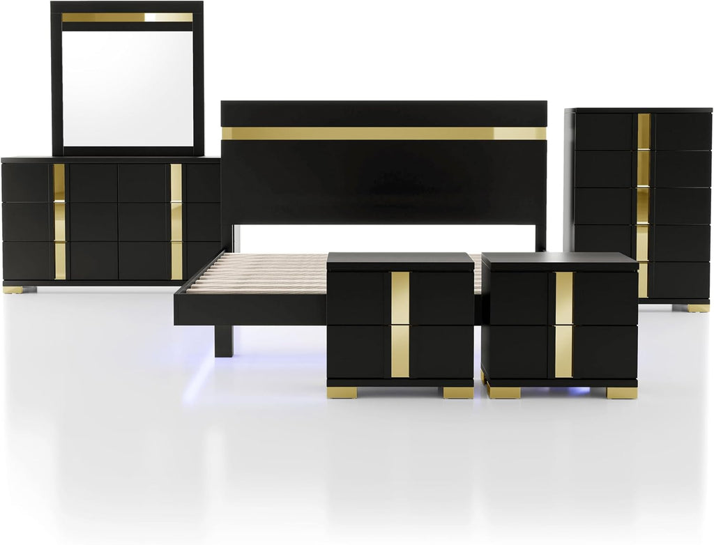 Furniture of America Ansten Modern Wood 6-Piece Platform Bedroom Set with Gold Trim, Underbed LED, Dust Proof Cases, Bracketed Metal Legs, No Box Spring Needed, Full, Black