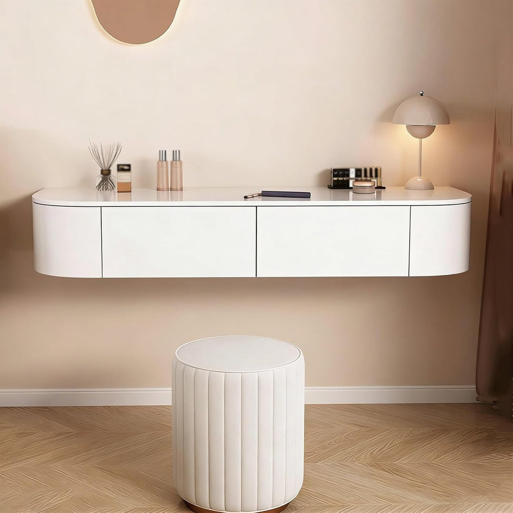 Floating Vanity Makeup Desk with 2 Drawers, Modern White Corner Suspended Table, Wood Wall Mounted Desk Nightstand for Bedroom Living Room(Heavy,140cm)