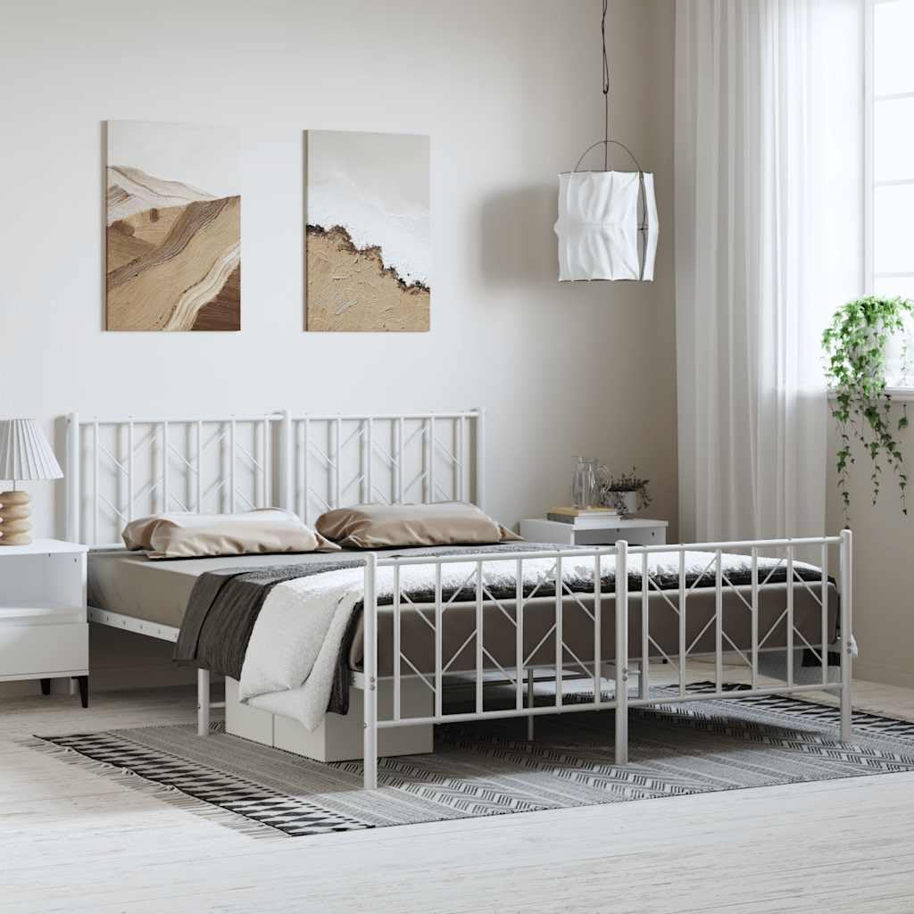 Metal Bed Frame Queen Size White Steel Platform Bedframe with Footboard and Underbed Storage Space, Sturdy Bed Base for Bedroom Furniture