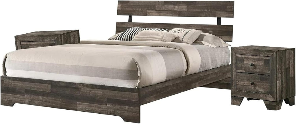 3pc King Size Platform Bedroom Set Rustic Brown Finish Bed Nightstand Solid Wood Furniture