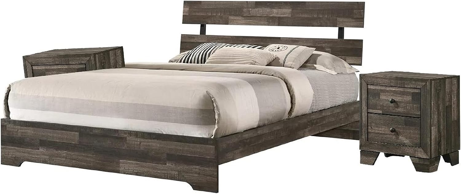 3pc King Size Platform Bedroom Set Rustic Brown Finish Bed Nightstand Solid Wood Furniture