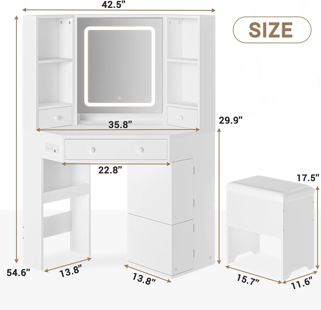 BTHFST Corner Vanity Desk with Lights and Charging Station, Makeup Vanity with Lights, Vanity Set with Mirror and Storage Stool, Makeup Table with Drawers, Rotating Shelves, White