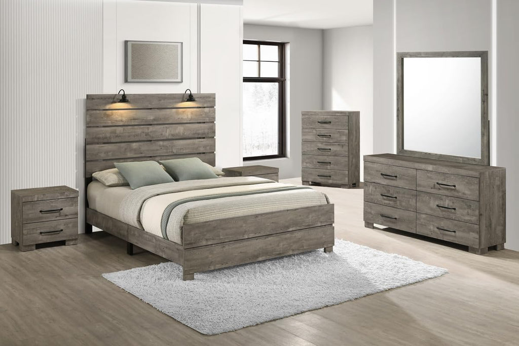 Modern 6-Piece Eastern King Bedroom Set with LED Reading Lamps and USB Nightstands – Panel Bed Frame, Dresser, Mirror, Chest, and 2 Nightstands in Antique Gray Laminate Finish