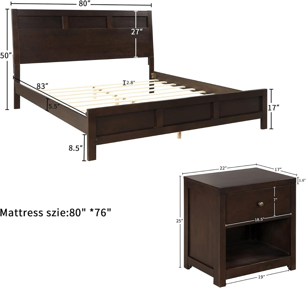 3 Pieces King Size Bedroom Furniture Set, Solid Wood King Size Platform Bed + 2 Night Stand, Platform Bed with Center Support Legs, Rustic Inviting Classic Brown, Distressed, Slightly Rustic Look