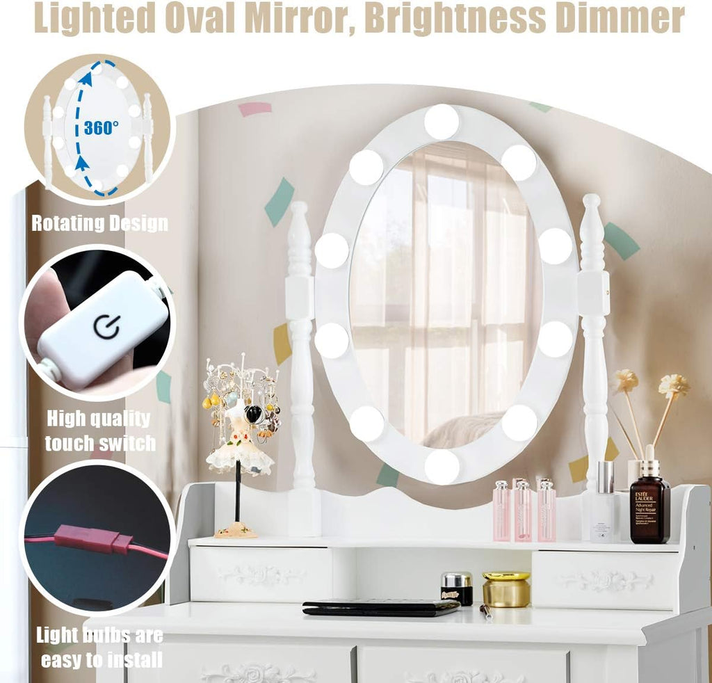 DORTALA Vanity Table Set, Makeup Table with 10 Dimmable Bulbs Lighted Mirror & 4 Drawers, Cushioned Stool, Solid Wood Leg, Classic Dressing Table Set for Home, Salon, White