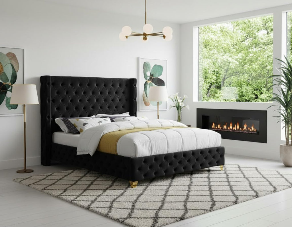 Meridian Furniture SavanBlack-F Savan Collection Modern | Contemporary Velvet Upholstered Bed with Deep Button Tufting in Gold or Chrome Finish, 66' W x 81' D x 56' H, Black, Full
