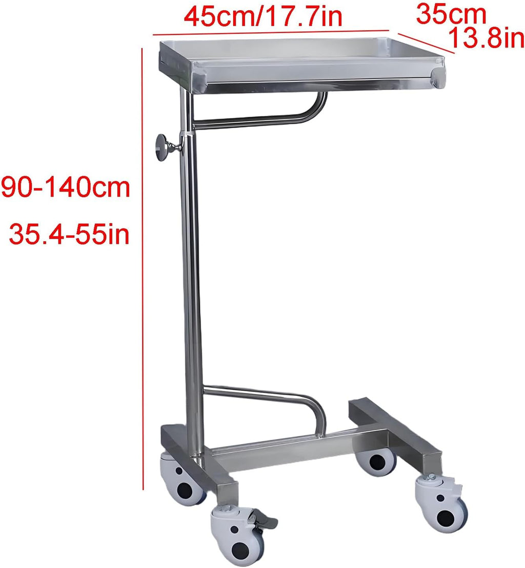 Mayo Instrument Stand with Mobile 4 Caster Base, Adjustable Height 35.4'-55', for Spa, Salon, Clinic, Personal Care(45x35x(90-140) cm)